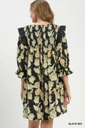 Umgee Mix Floral Print Smocked Ruffle Detail Flowy Dress - Desert Sunday