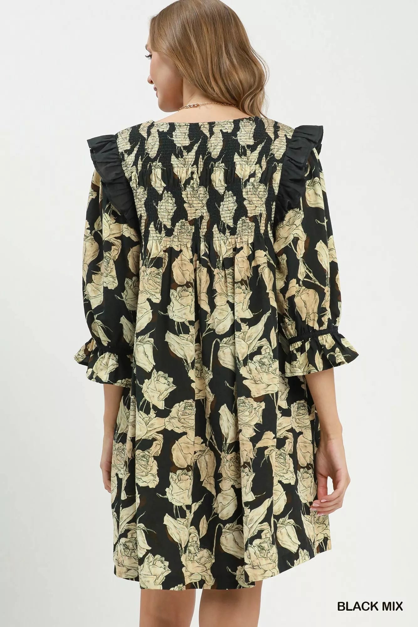 Umgee Mix Floral Print Smocked Ruffle Detail Flowy Dress - Desert Sunday