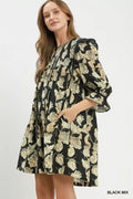 Umgee Mix Floral Print Smocked Ruffle Detail Flowy Dress - Desert Sunday