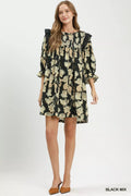 Umgee Mix Floral Print Smocked Ruffle Detail Flowy Dress - Desert Sunday