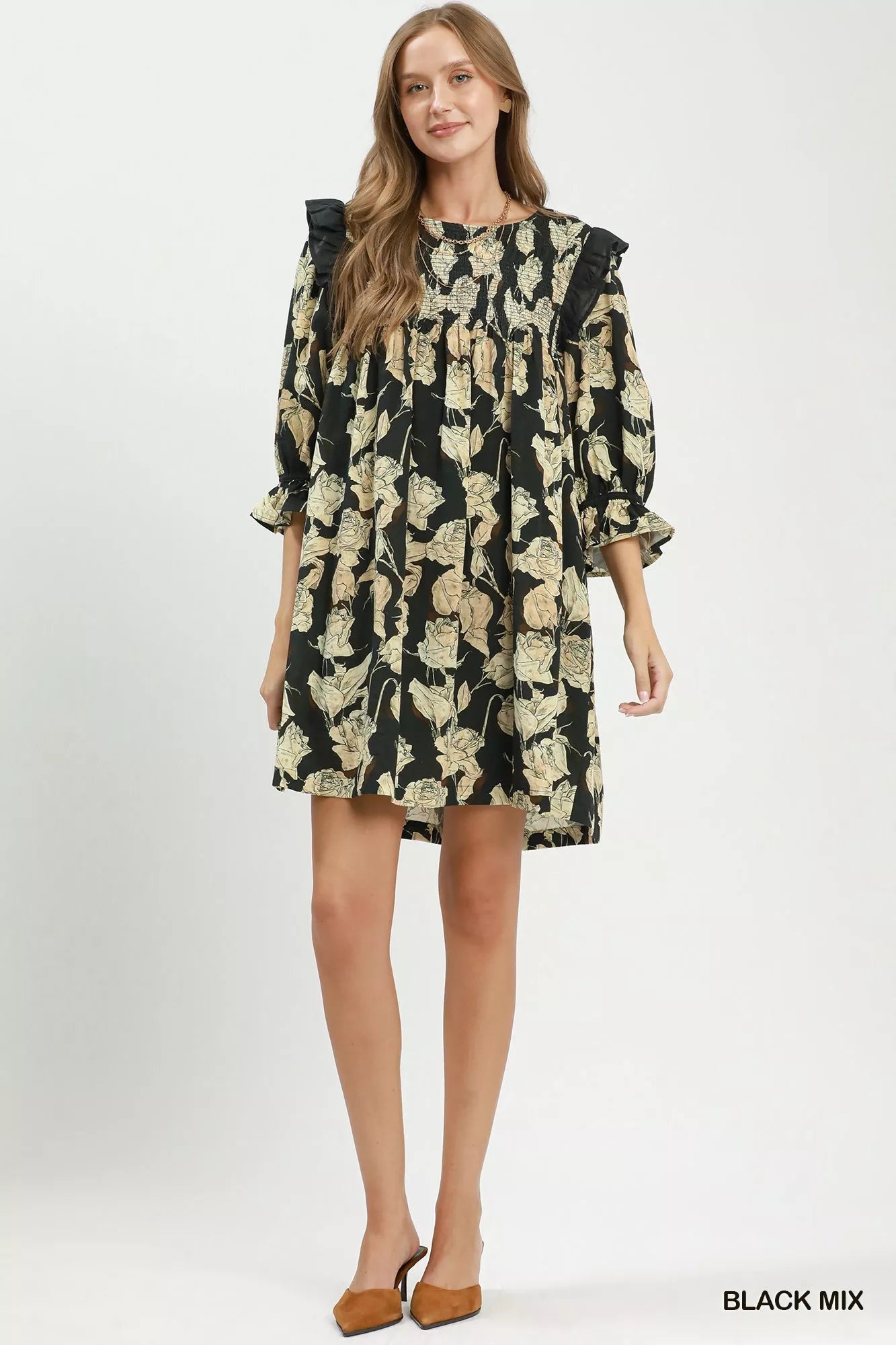 Umgee Mix Floral Print Smocked Ruffle Detail Flowy Dress - Desert Sunday