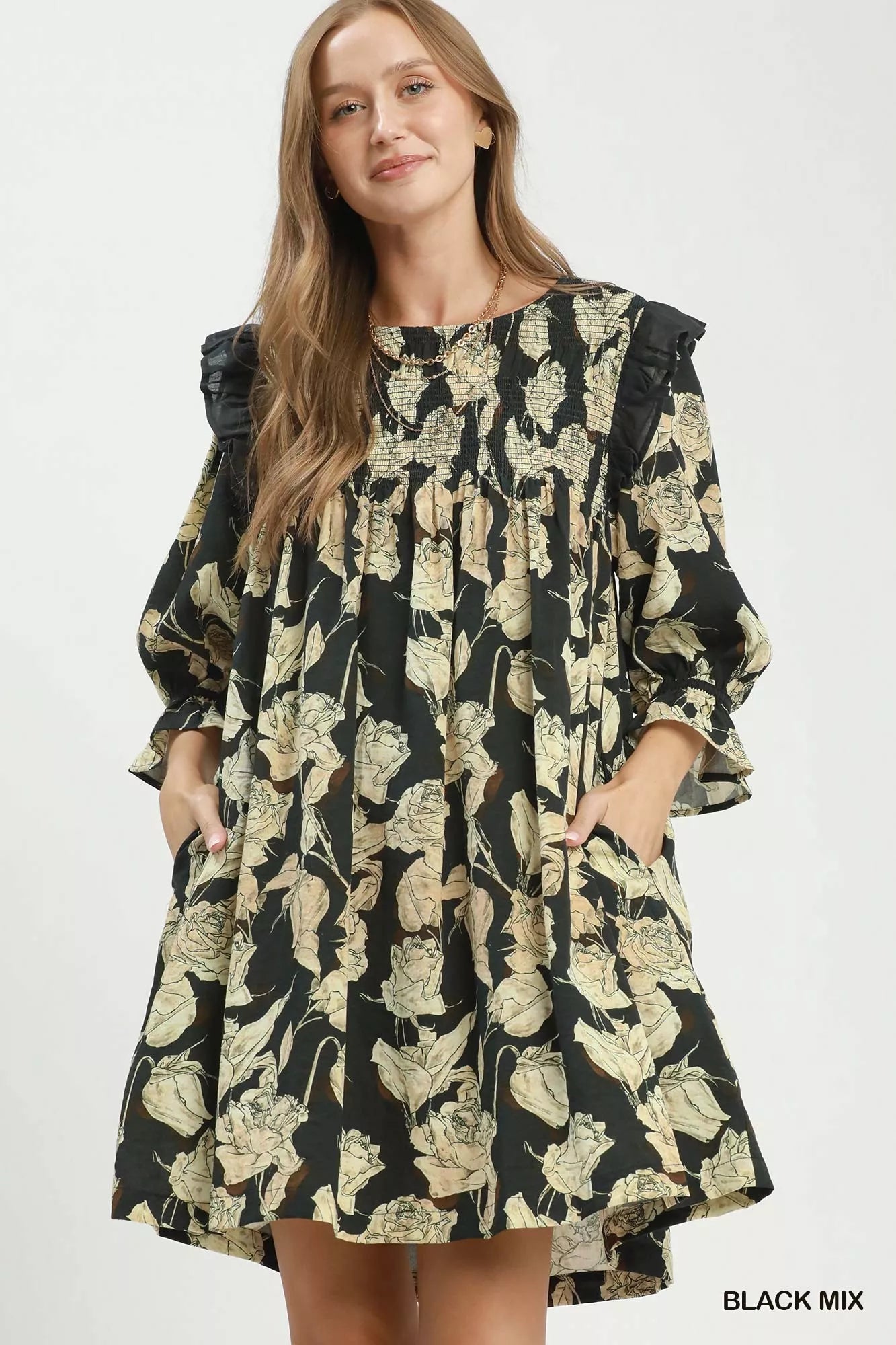 Umgee Mix Floral Print Smocked Ruffle Detail Flowy Dress - Desert Sunday