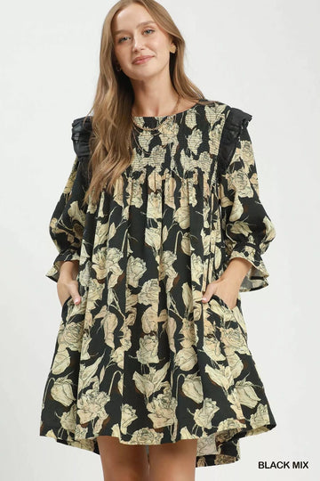 Umgee Mix Floral Print Smocked Ruffle Detail Flowy Dress - Desert Sunday