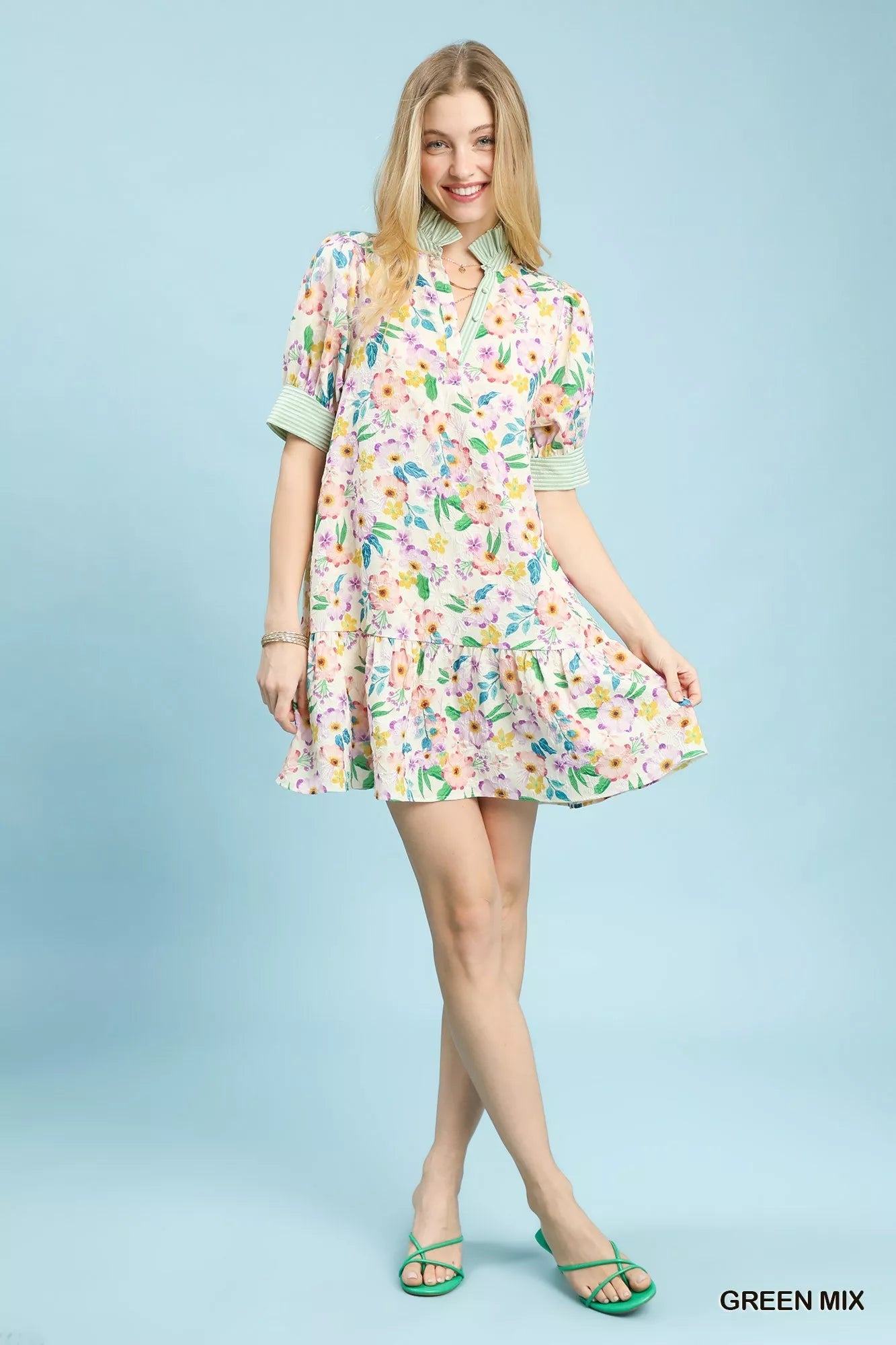 Umgee Mix Floral Ruffle Collar Tiered Babydoll Dress - Desert Sunday