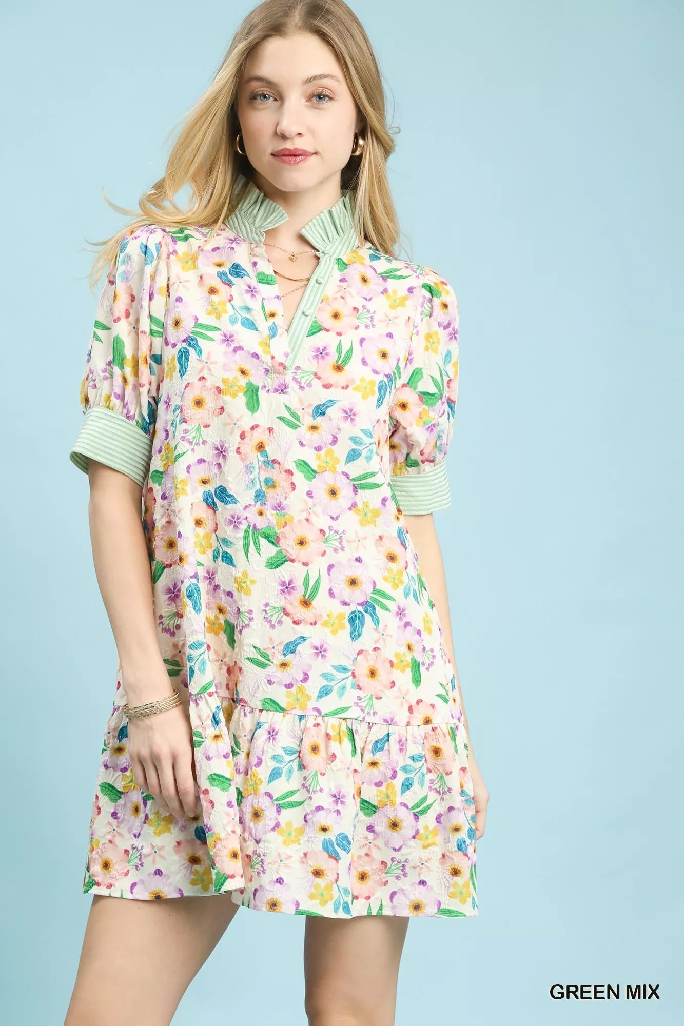 Umgee Mix Floral Ruffle Collar Tiered Babydoll Dress - Desert Sunday