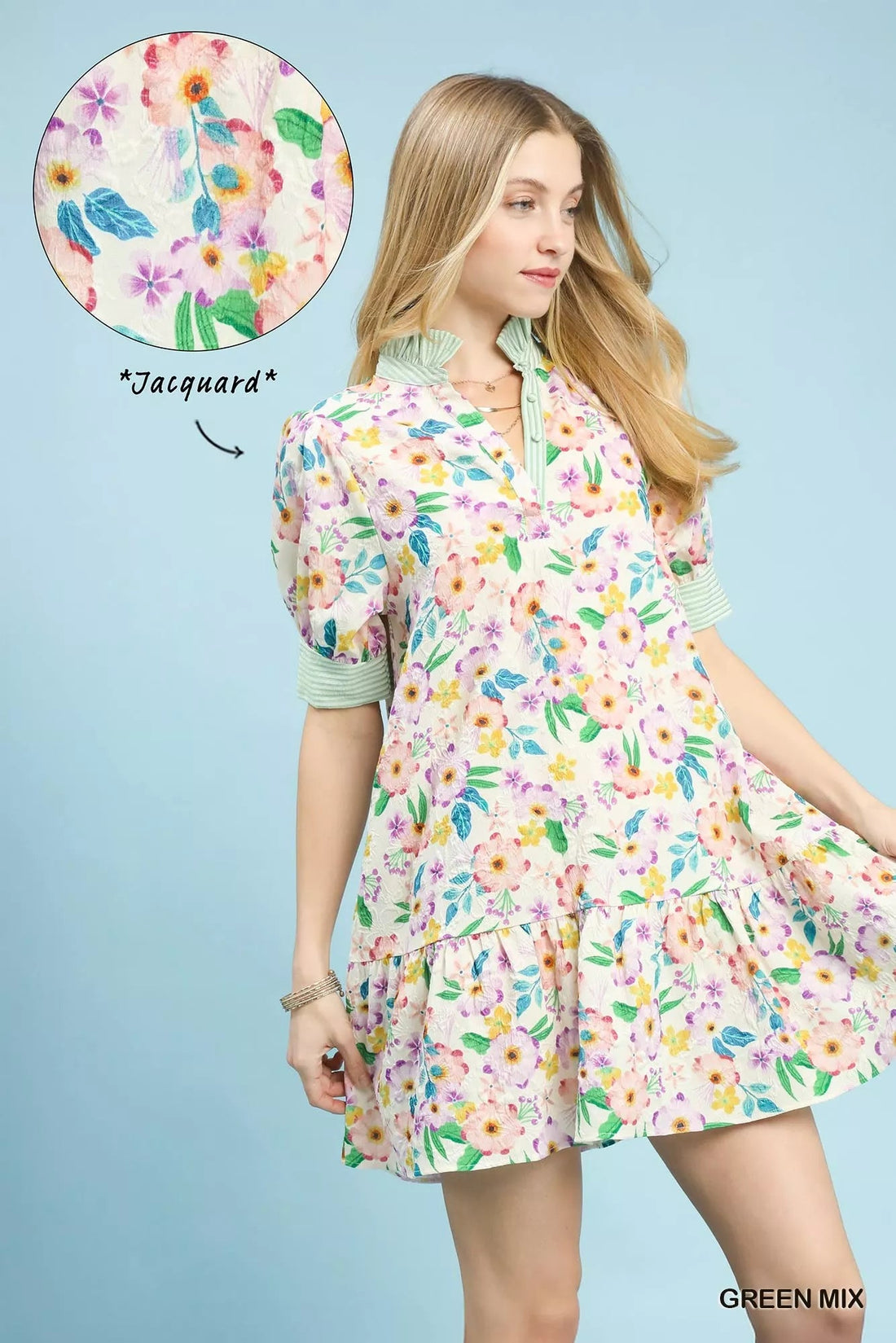 Umgee Mix Floral Ruffle Collar Tiered Babydoll Dress - Desert Sunday