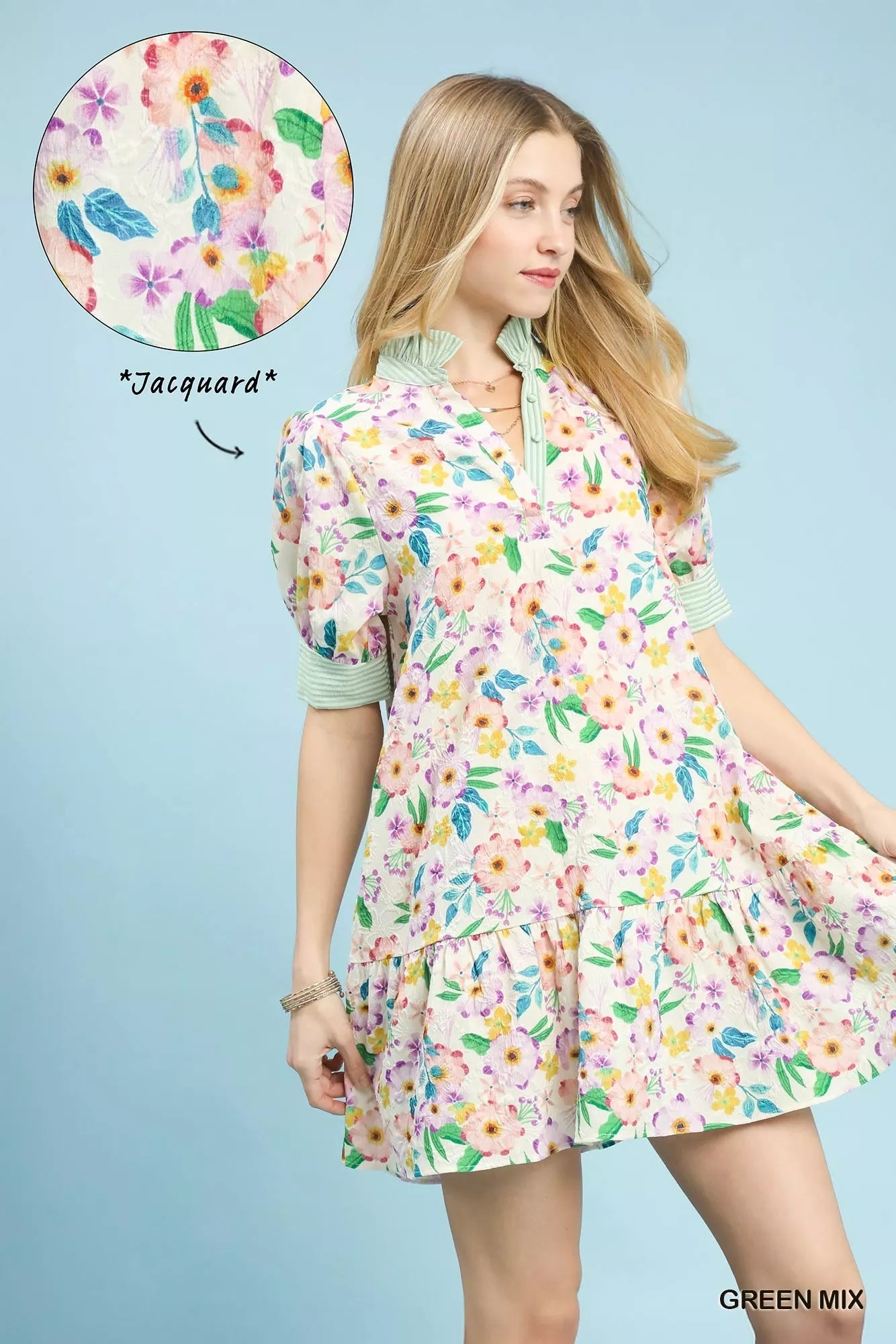 Umgee Mix Floral Ruffle Collar Tiered Babydoll Dress - Desert Sunday