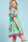 Umgee Mix Floral Stripe Contrast Dress - Desert Sunday