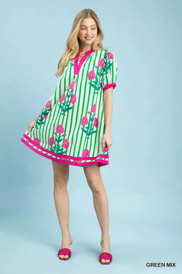 Umgee Mix Floral Stripe Contrast Dress - Desert Sunday