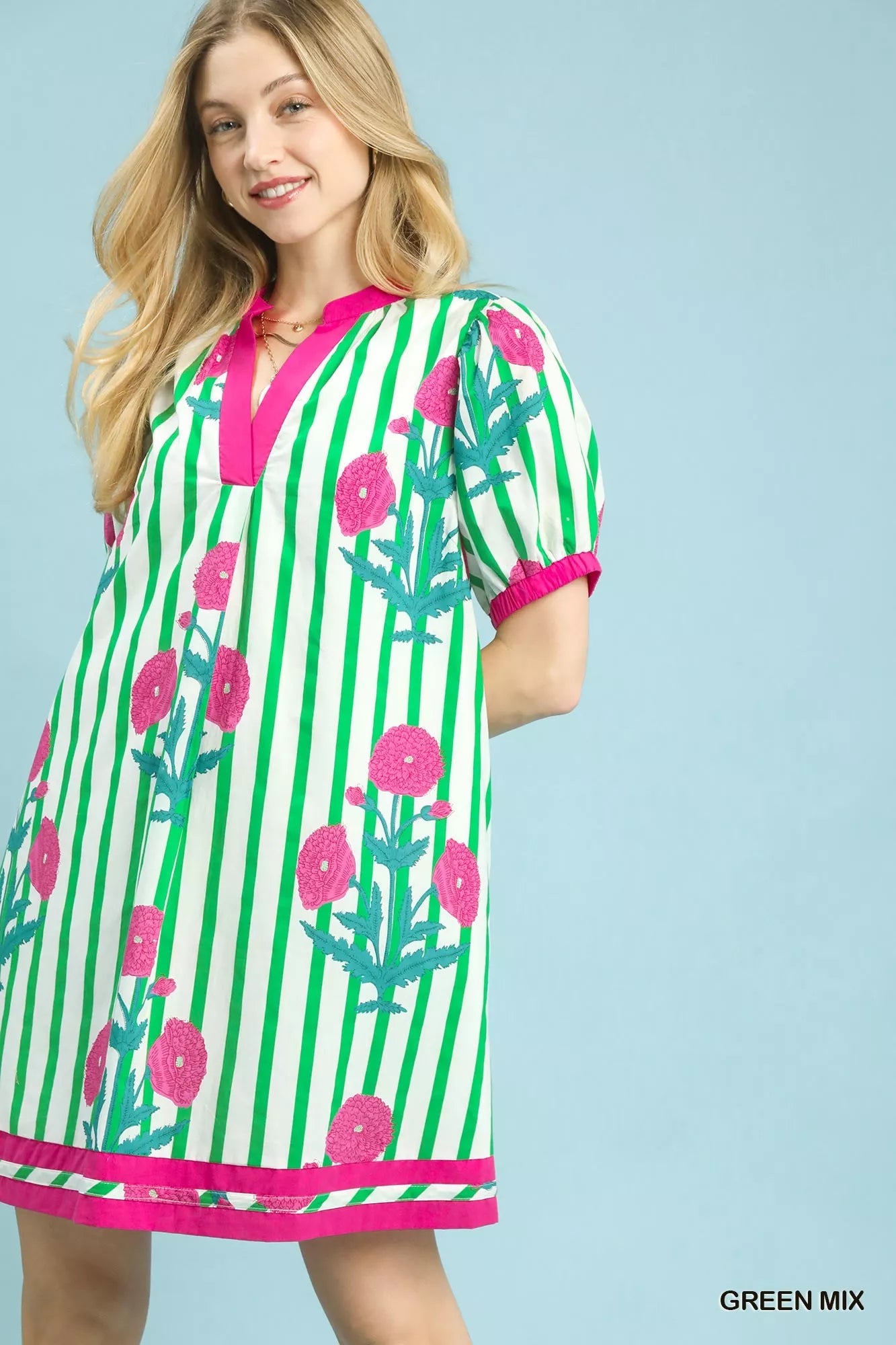 Umgee Mix Floral Stripe Contrast Dress - Desert Sunday