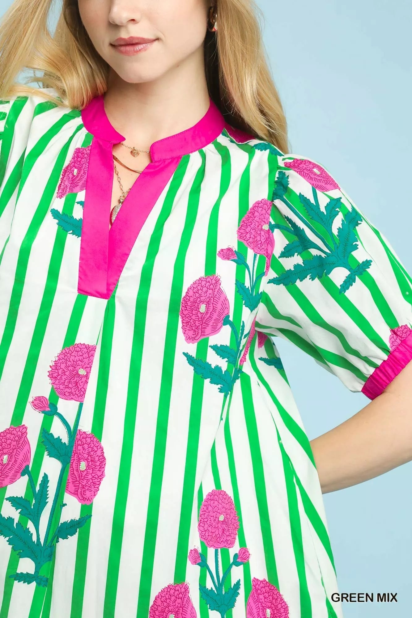 Umgee Mix Floral Stripe Contrast Dress - Desert Sunday