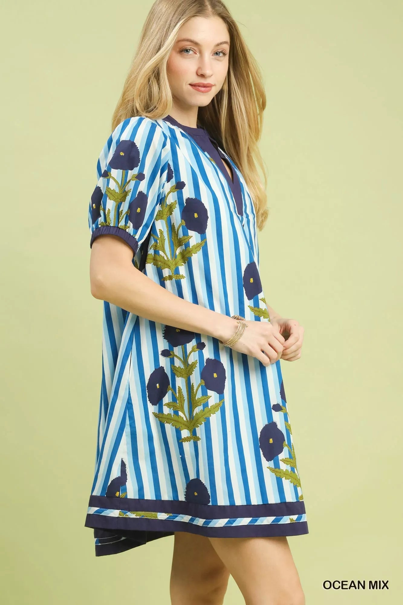 Umgee Mix Floral Stripe Contrast Dress - Desert Sunday