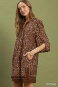 Umgee Mix Geometric Print V-Neck Tassel Detail Tunic Dress - Desert Sunday