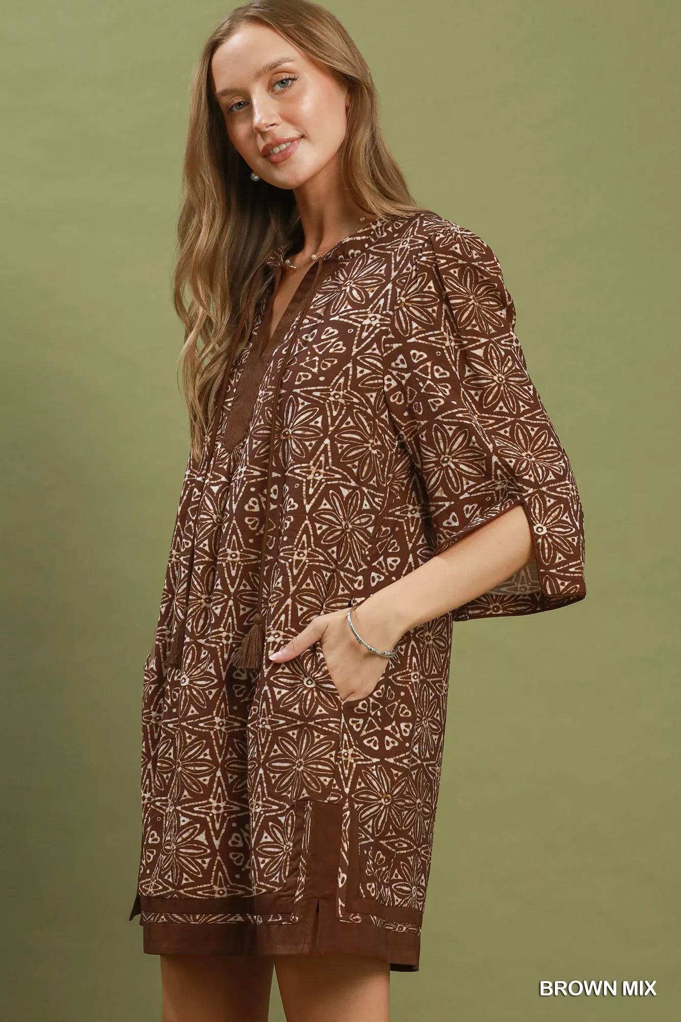 Umgee Mix Geometric Print V-Neck Tassel Detail Tunic Dress - Desert Sunday
