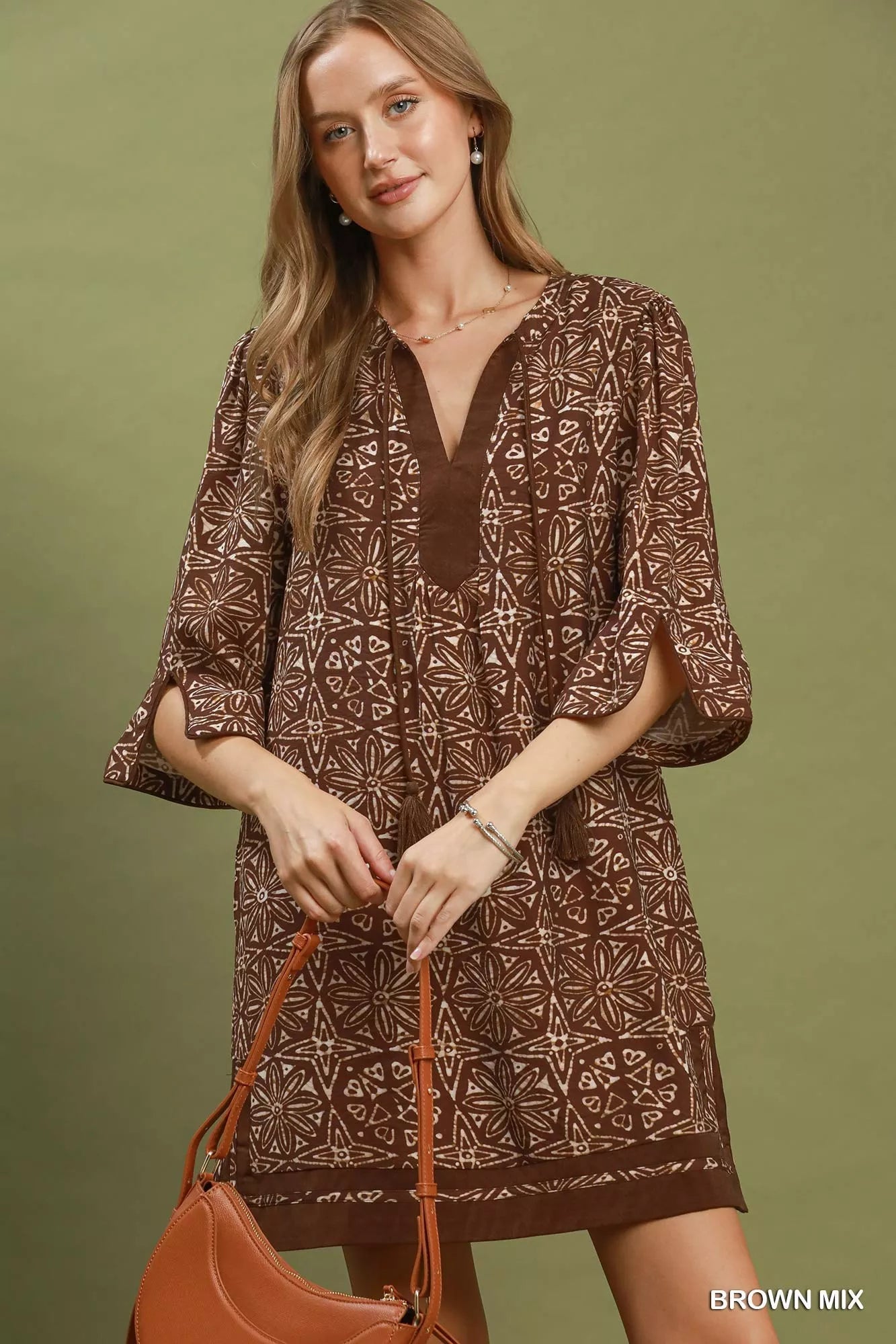 Umgee Mix Geometric Print V-Neck Tassel Detail Tunic Dress - Desert Sunday