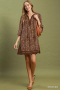 Umgee Mix Geometric Print V-Neck Tassel Detail Tunic Dress - Desert Sunday