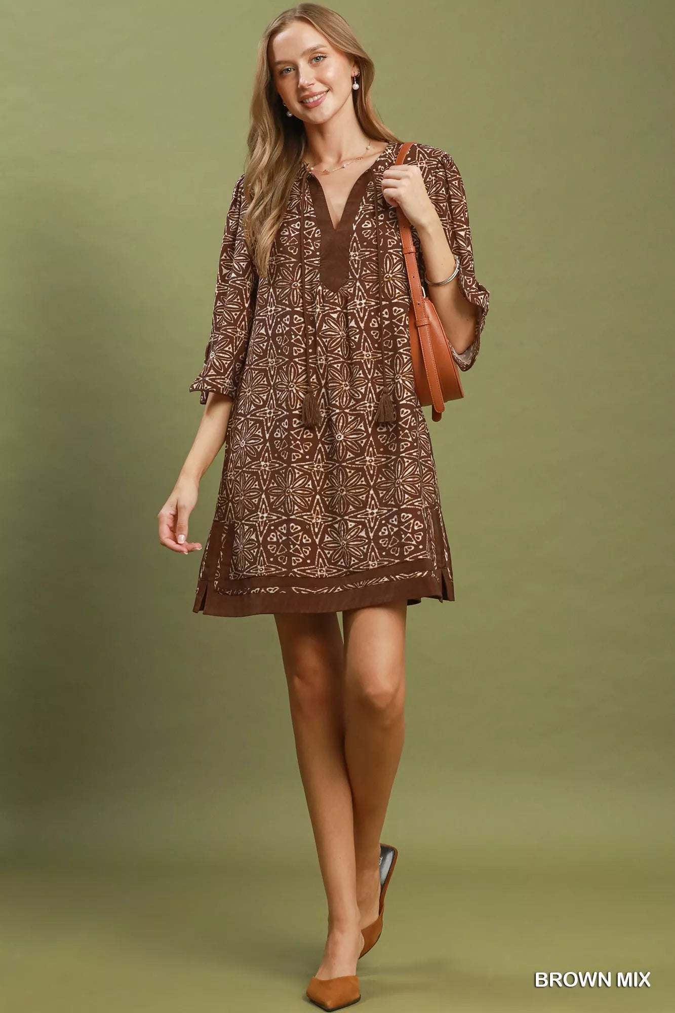 Umgee Mix Geometric Print V-Neck Tassel Detail Tunic Dress - Desert Sunday