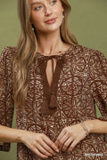 Umgee Mix Geometric Print V-Neck Tassel Detail Tunic Dress - Desert Sunday