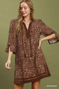 Umgee Mix Geometric Print V-Neck Tassel Detail Tunic Dress - Desert Sunday