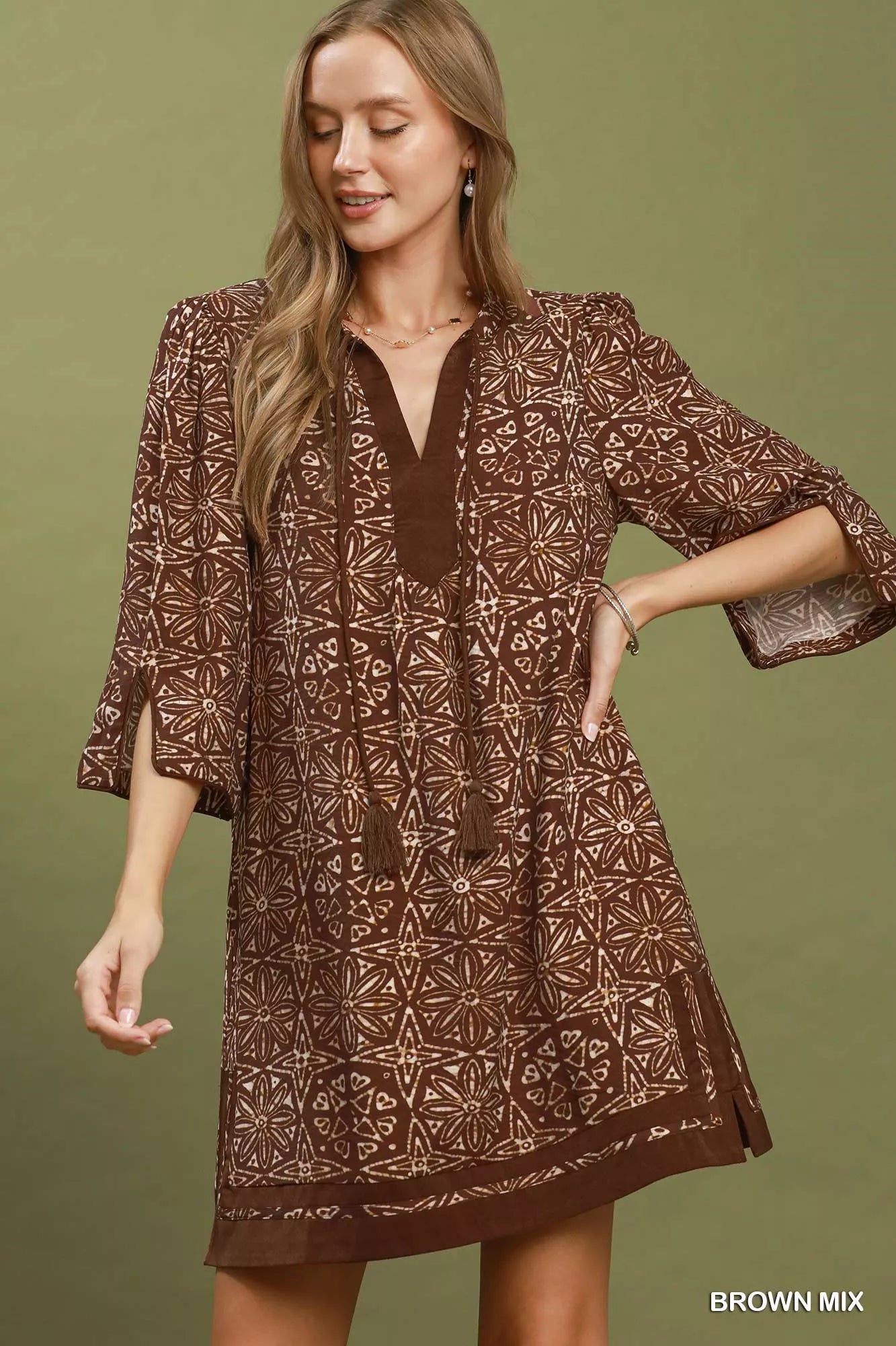 Umgee Mix Geometric Print V-Neck Tassel Detail Tunic Dress - Desert Sunday