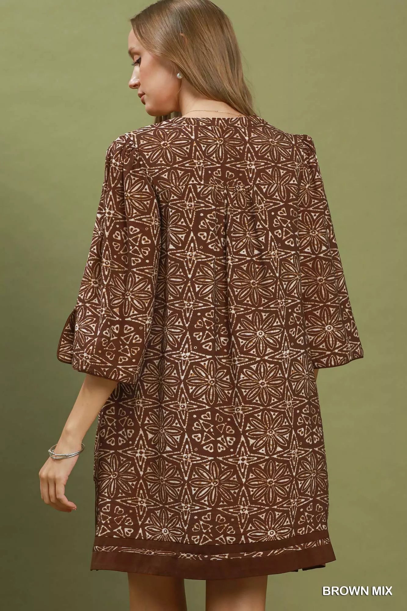 Umgee Mix Geometric Print V-Neck Tassel Detail Tunic Dress - Desert Sunday