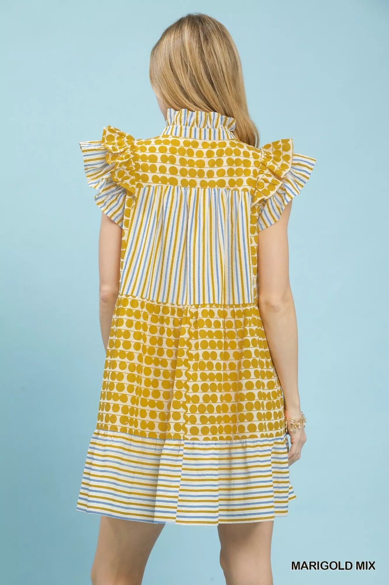 Umgee Mix Patchwork Flutter Sleeve Tiered Dress - Desert Sunday