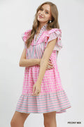 Umgee Mix Patchwork Flutter Sleeve Tiered Dress - Desert Sunday