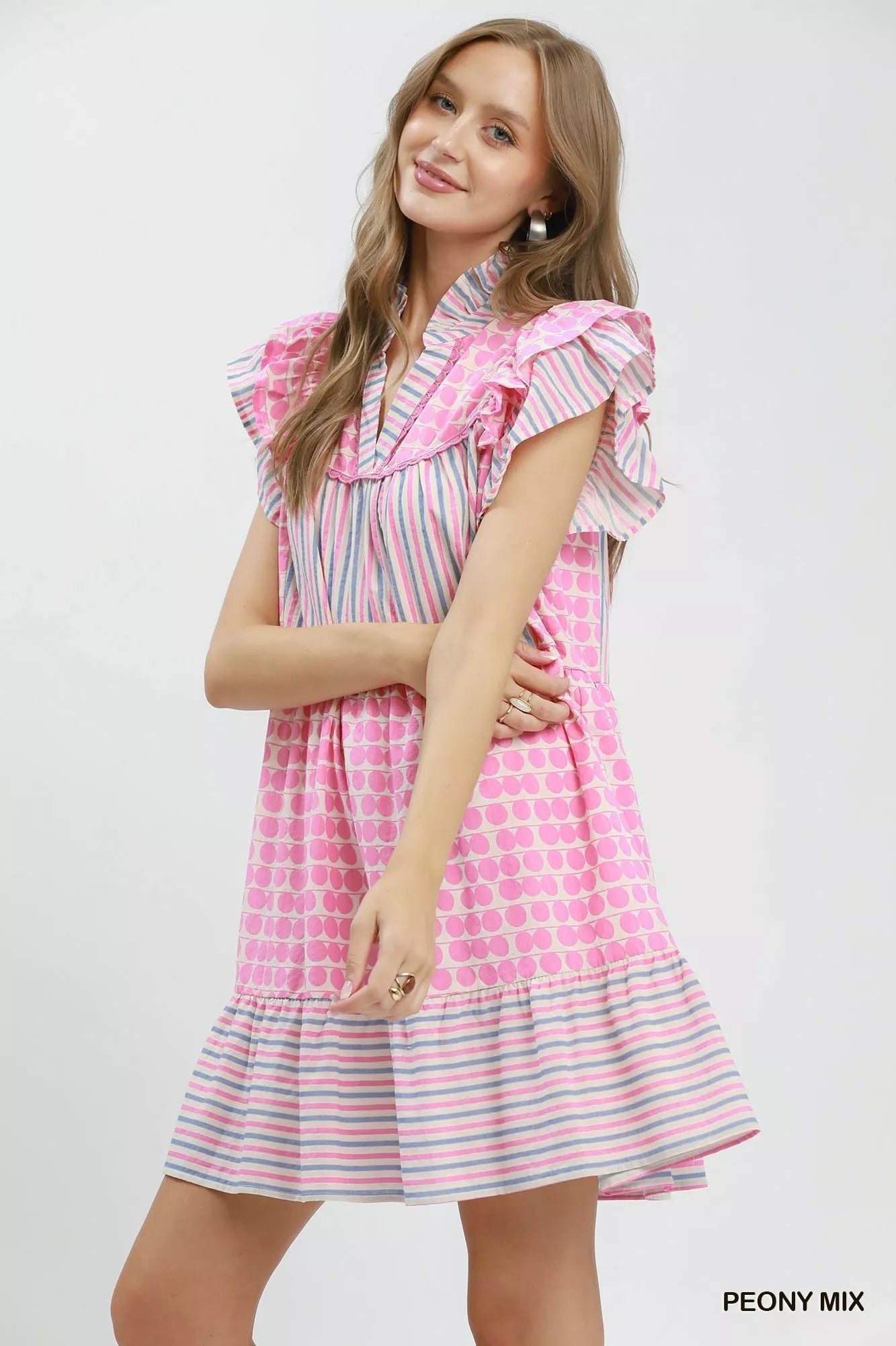 Umgee Mix Patchwork Flutter Sleeve Tiered Dress - Desert Sunday