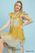 Umgee Mix Patchwork Flutter Sleeve Tiered Dress - Desert Sunday