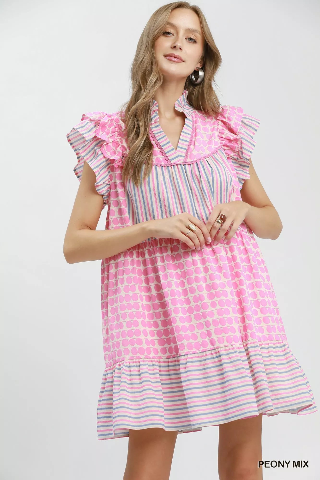 Umgee Mix Patchwork Flutter Sleeve Tiered Dress - Desert Sunday