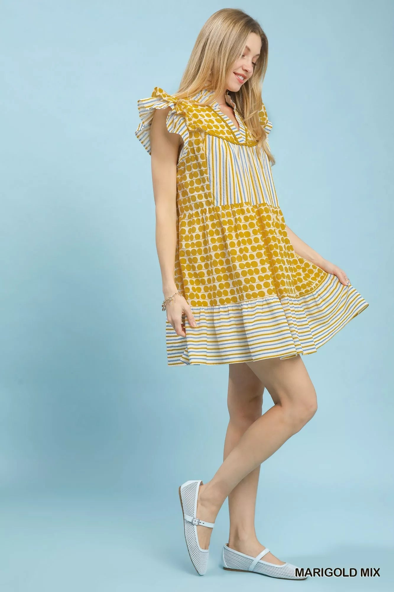Umgee Mix Patchwork Flutter Sleeve Tiered Dress - Desert Sunday
