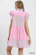 Umgee Mix Patchwork Flutter Sleeve Tiered Dress - Desert Sunday