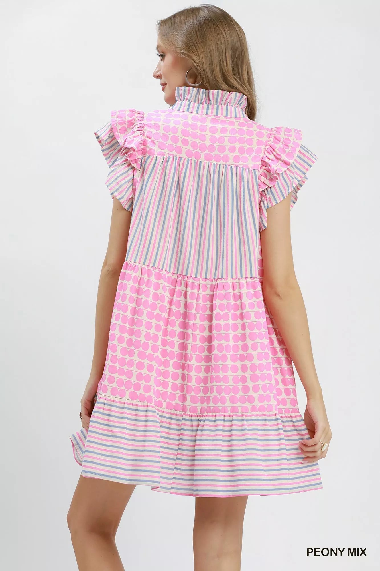 Umgee Mix Patchwork Flutter Sleeve Tiered Dress - Desert Sunday