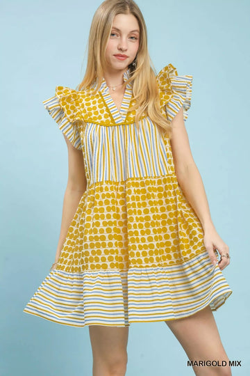 Umgee Mix Patchwork Flutter Sleeve Tiered Dress - Desert Sunday