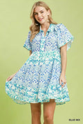 Umgee Mixed Floral Tiered Mini Dress with Flutter Sleeves - Desert Sunday
