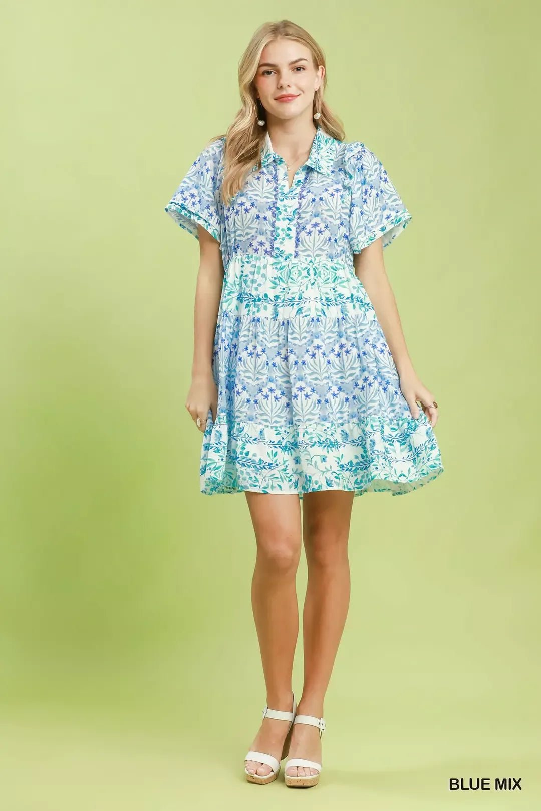 Umgee Mixed Floral Tiered Mini Dress with Flutter Sleeves - Desert Sunday