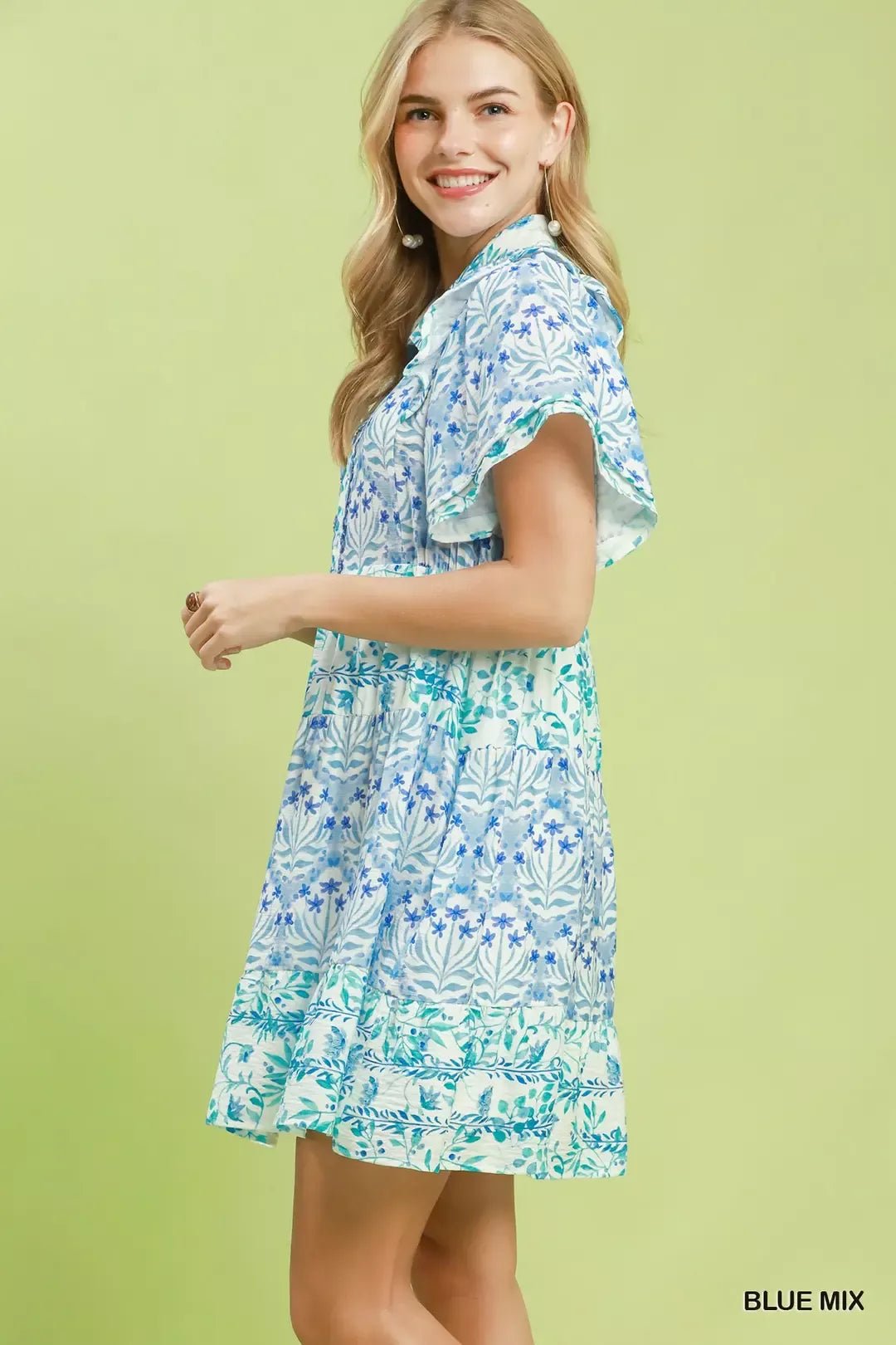 Umgee Mixed Floral Tiered Mini Dress with Flutter Sleeves - Desert Sunday