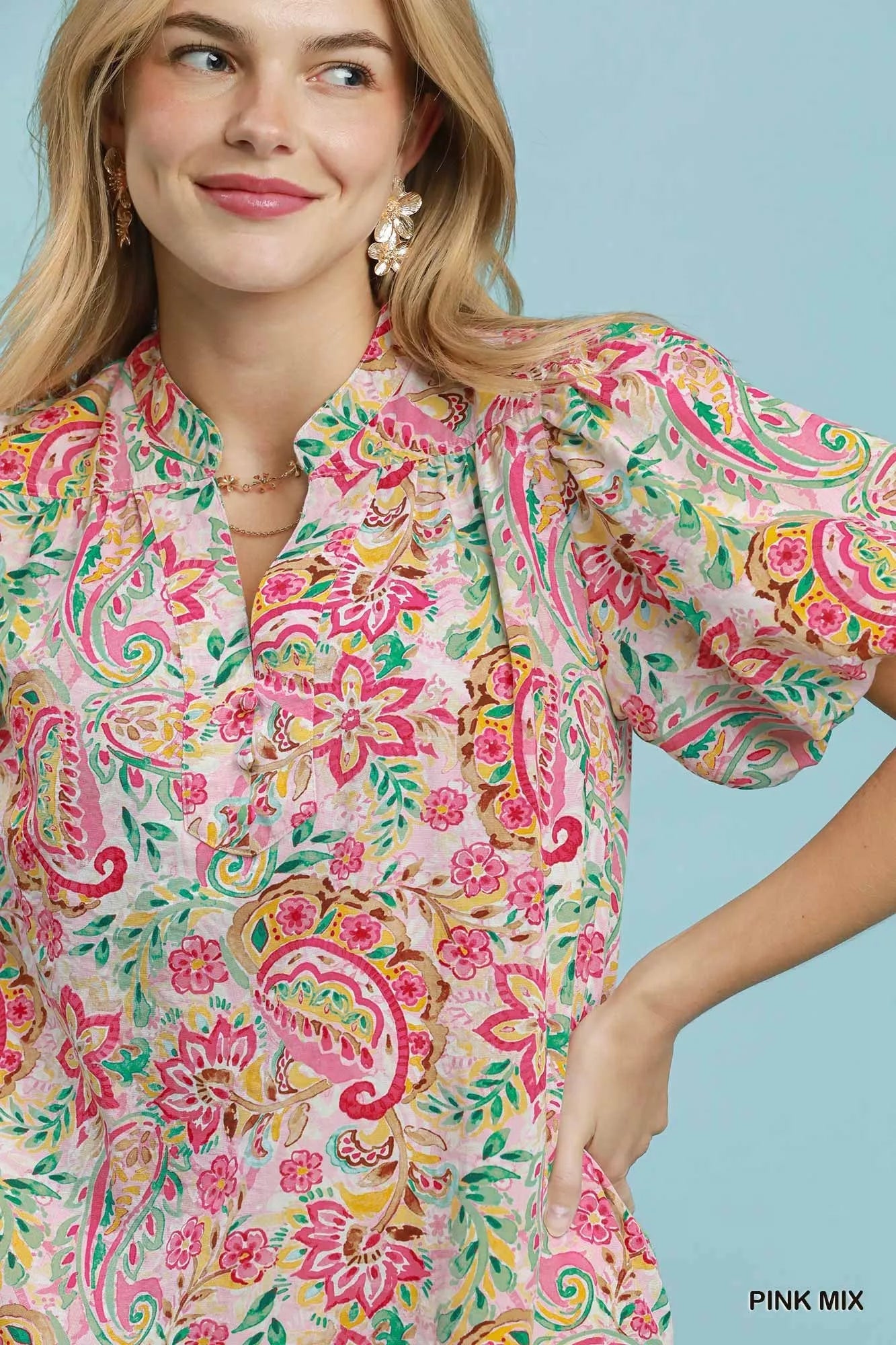 Umgee Paisley Floral Puff Sleeve Shift Dress - Desert Sunday