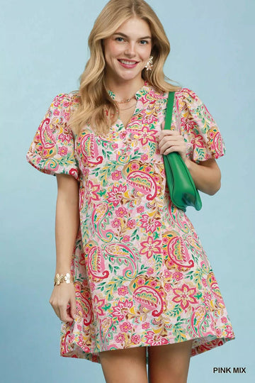 Umgee Paisley Floral Puff Sleeve Shift Dress - Desert Sunday