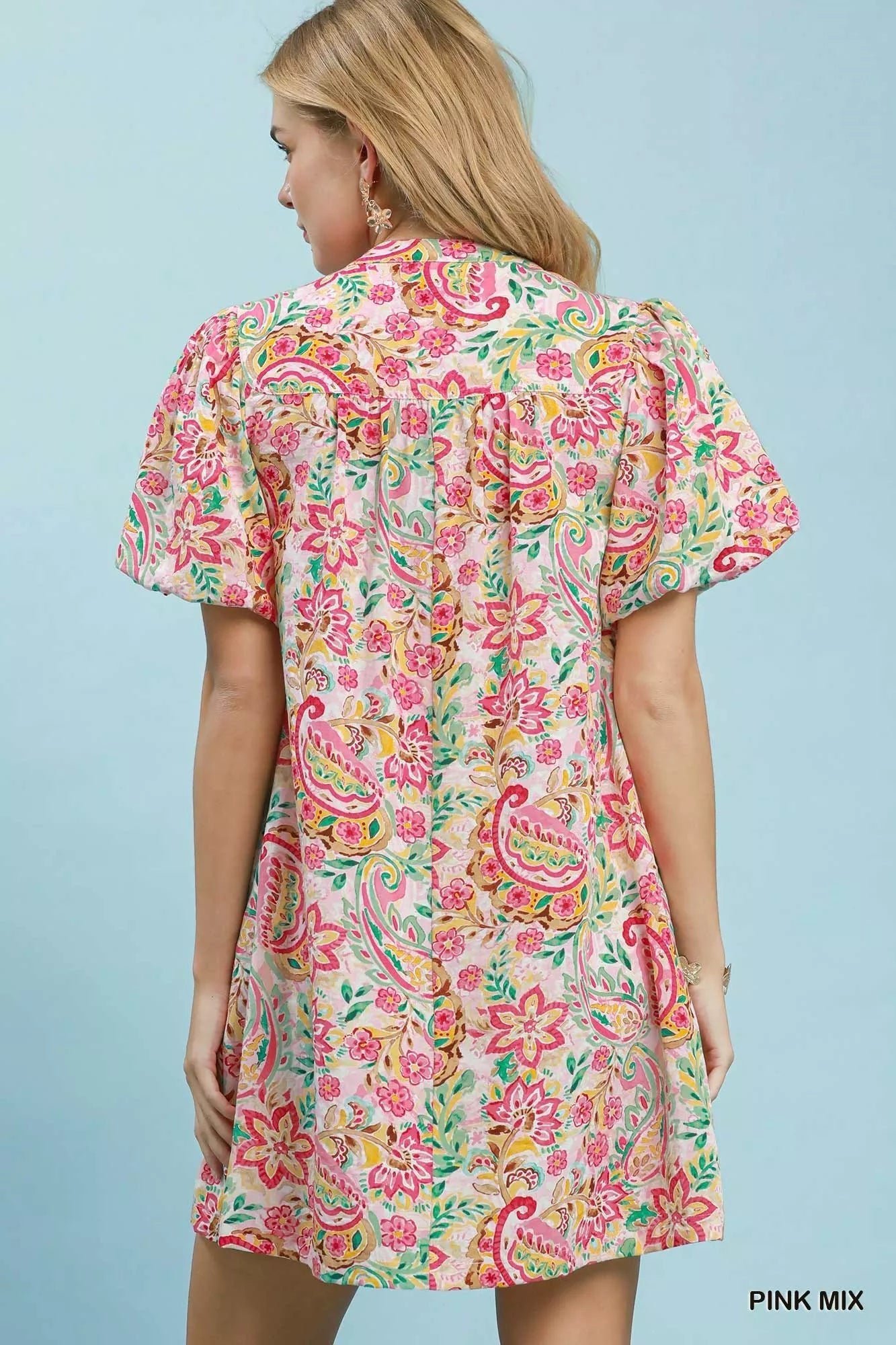 Umgee Paisley Floral Puff Sleeve Shift Dress - Desert Sunday