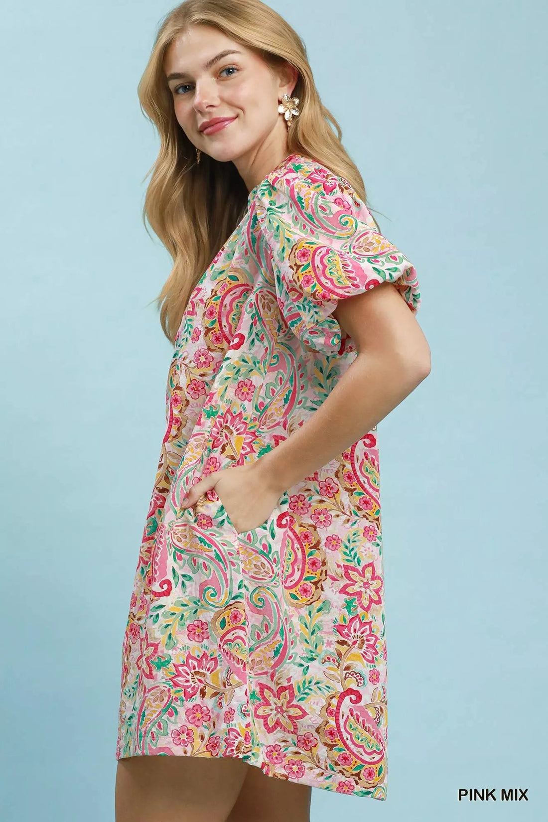 Umgee Paisley Floral Puff Sleeve Shift Dress - Desert Sunday