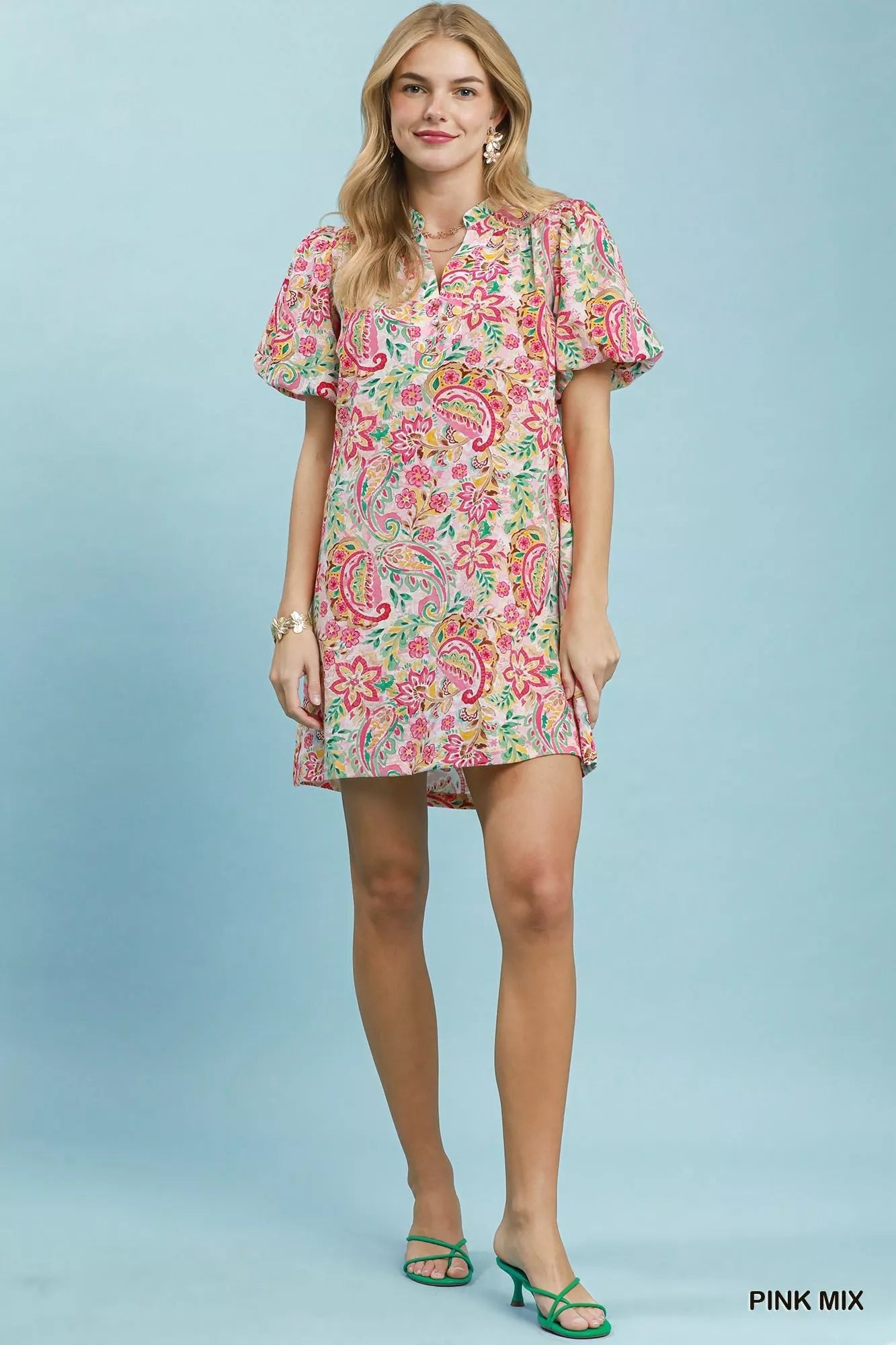 Umgee Paisley Floral Puff Sleeve Shift Dress - Desert Sunday