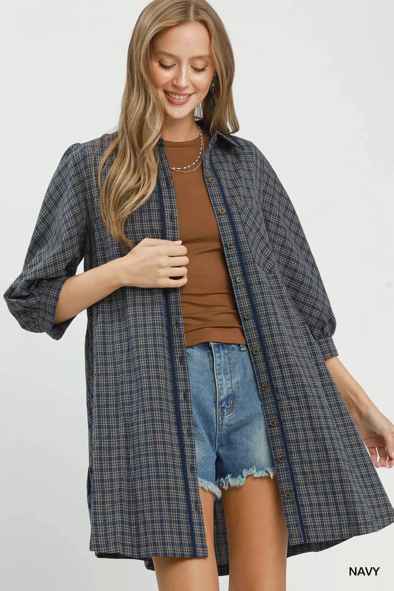 Umgee Plaid Button Down Oversized Shirt Dress - Desert Sunday