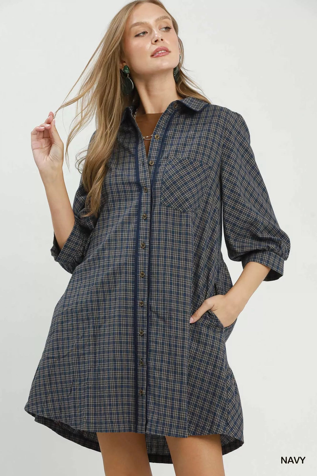 Umgee Plaid Button Down Oversized Shirt Dress - Desert Sunday
