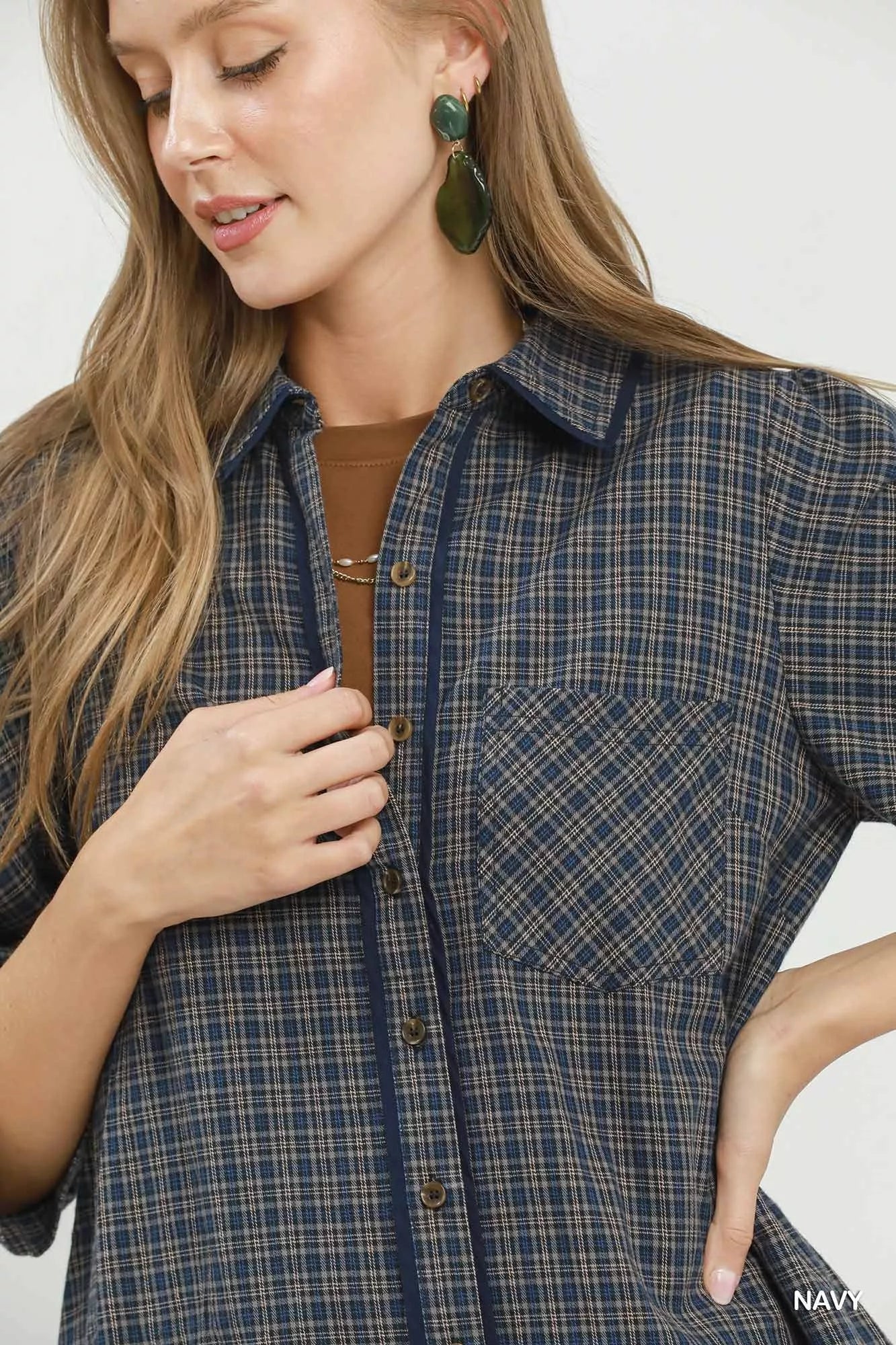 Umgee Plaid Button Down Oversized Shirt Dress - Desert Sunday