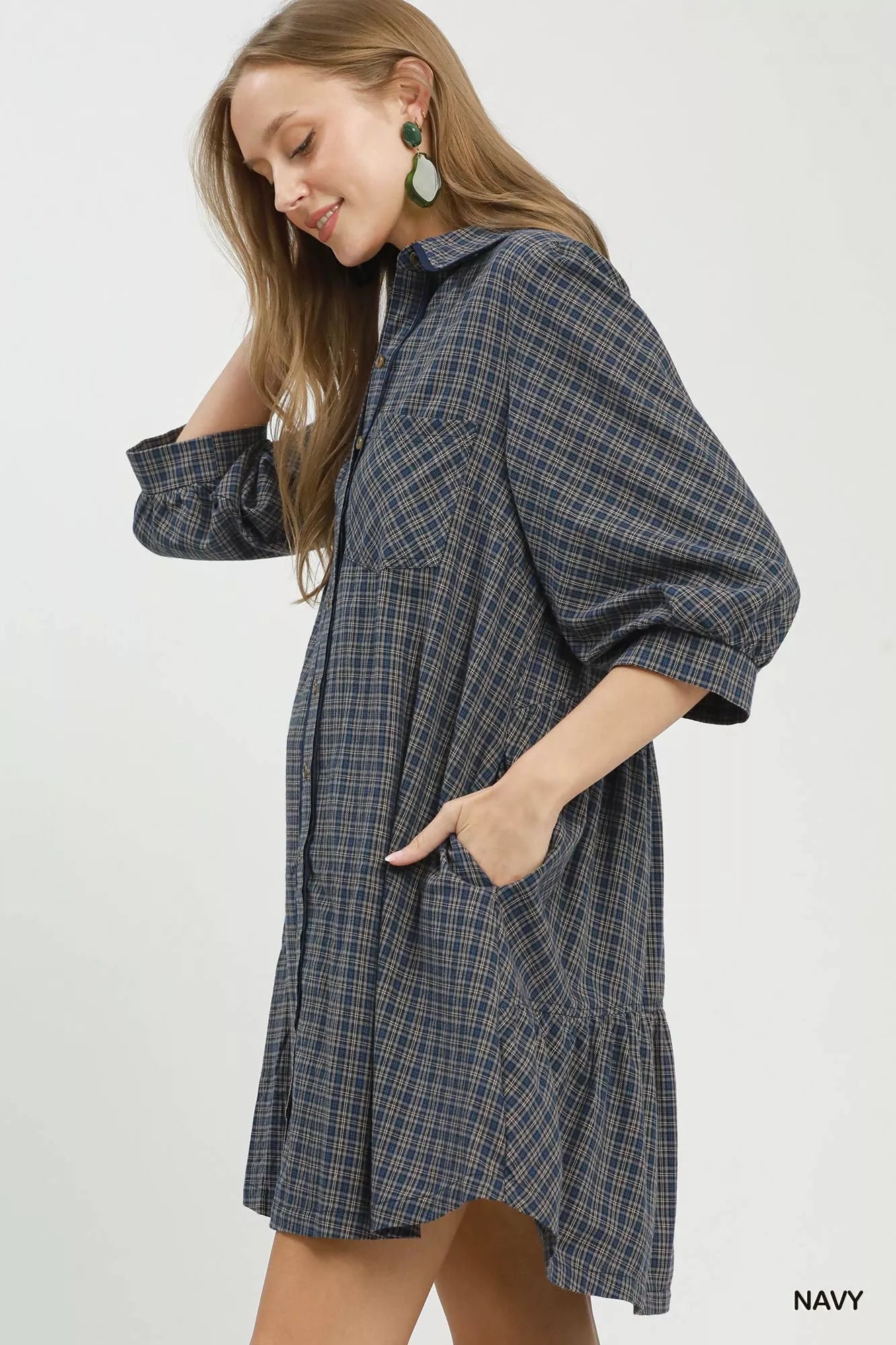 Umgee Plaid Button Down Oversized Shirt Dress - Desert Sunday