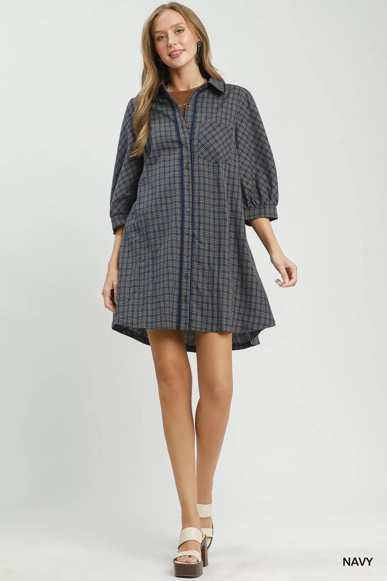 Umgee Plaid Button Down Oversized Shirt Dress - Desert Sunday