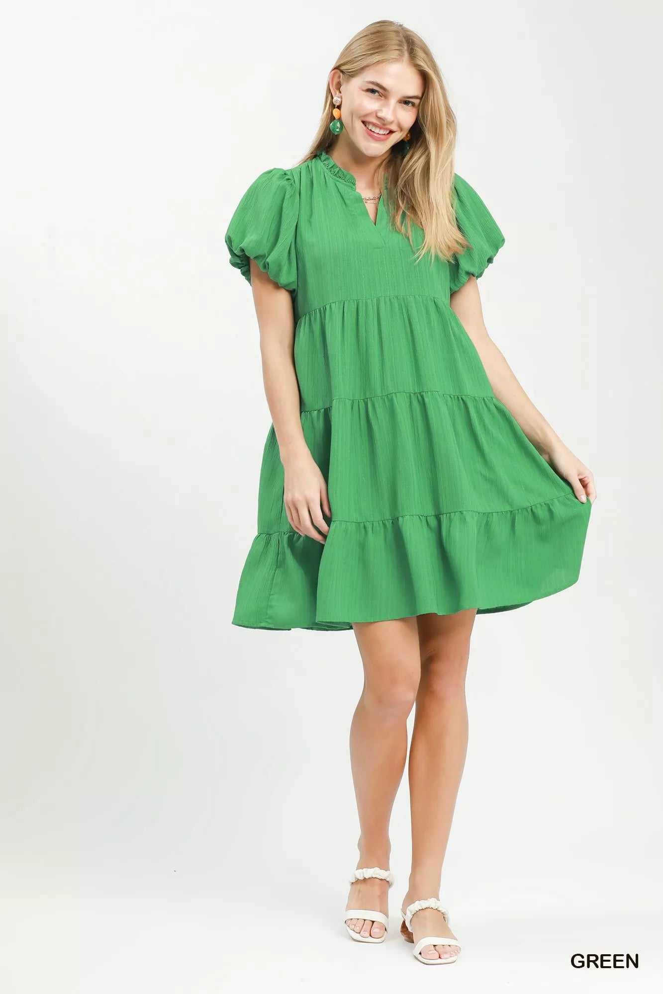 Umgee Puff Sleeve Tiered Babydoll Dress - Desert Sunday