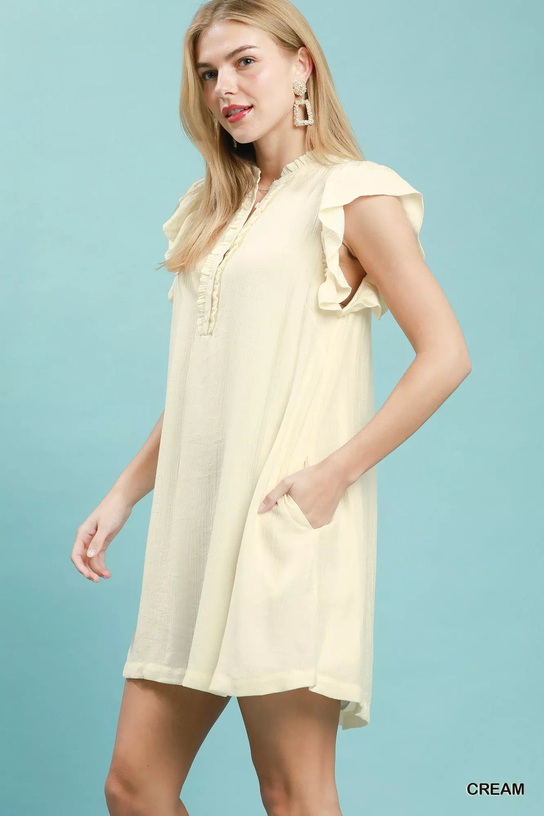Umgee Ruffle Sleeve Henley Shift Dress - Desert Sunday