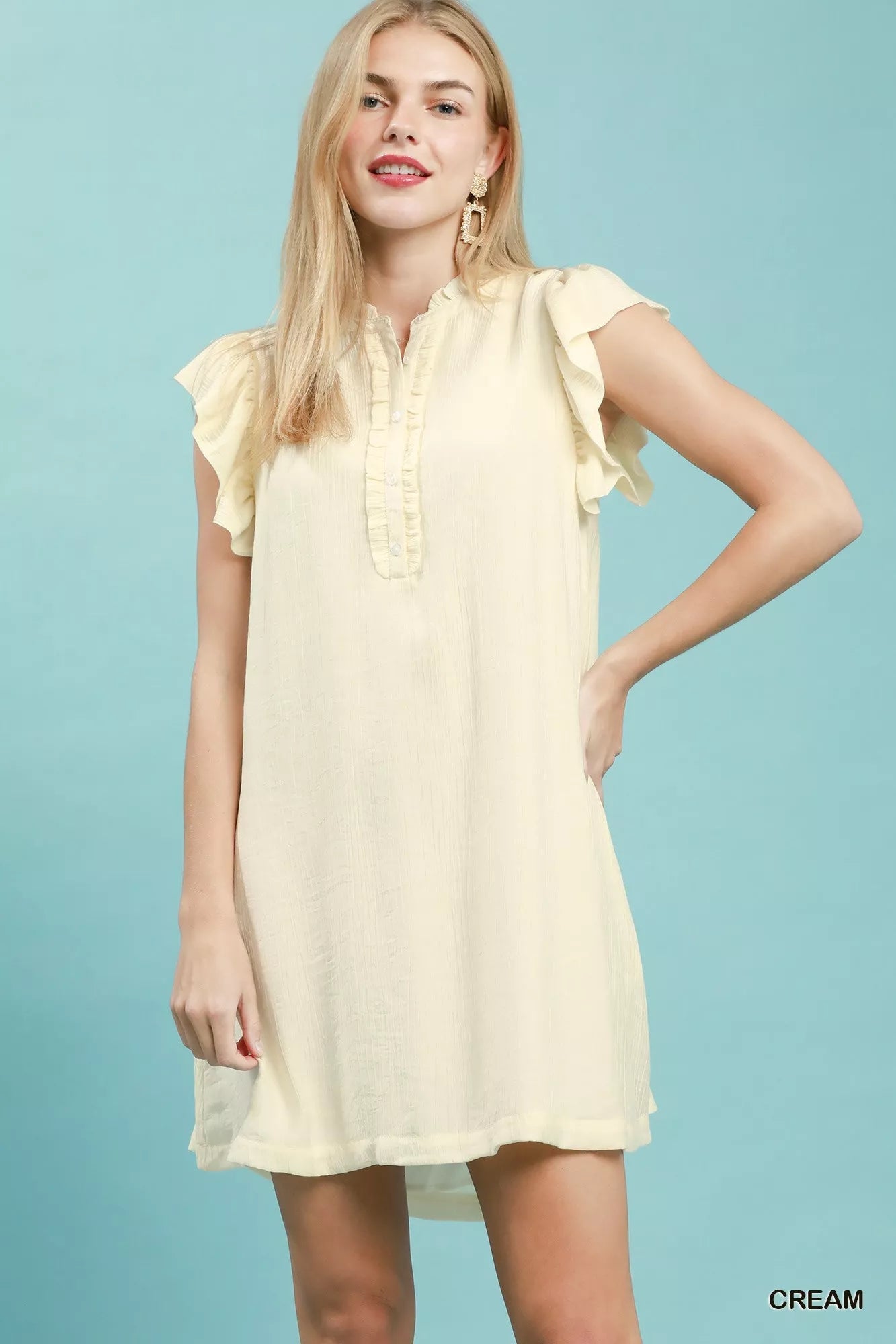 Umgee Ruffle Sleeve Henley Shift Dress - Desert Sunday